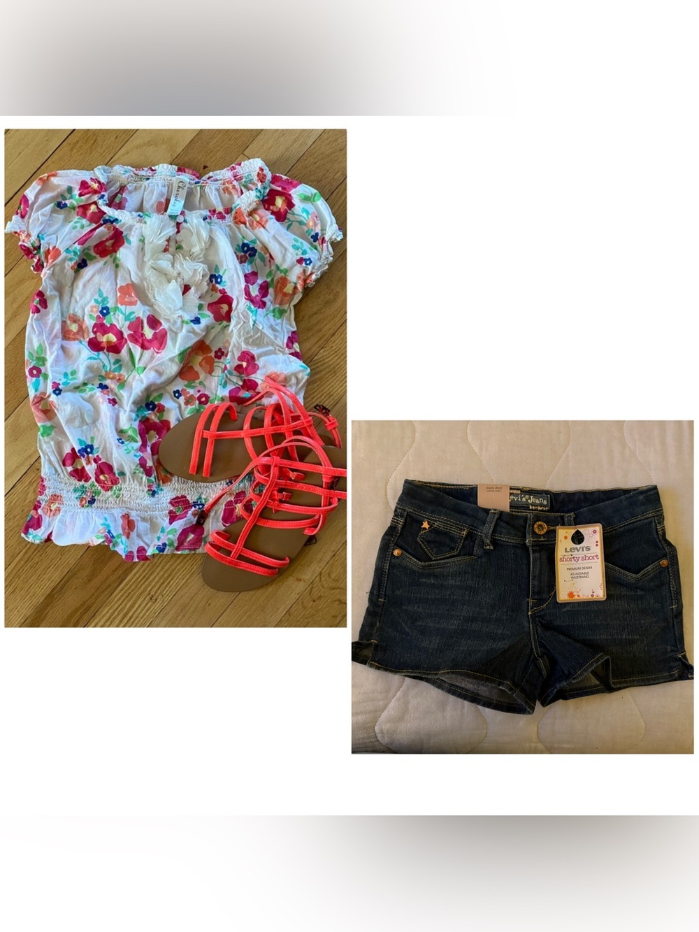 Girls floral blouse, denim shorts and pretty matching sandals